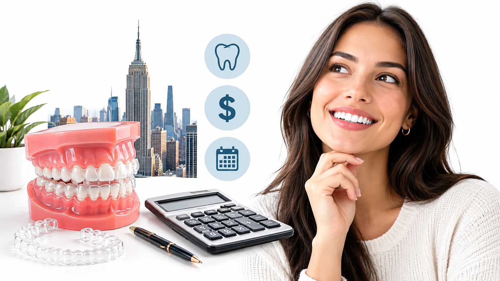 A woman thinking about dental treatment costs next to a model of teeth and a calculator.