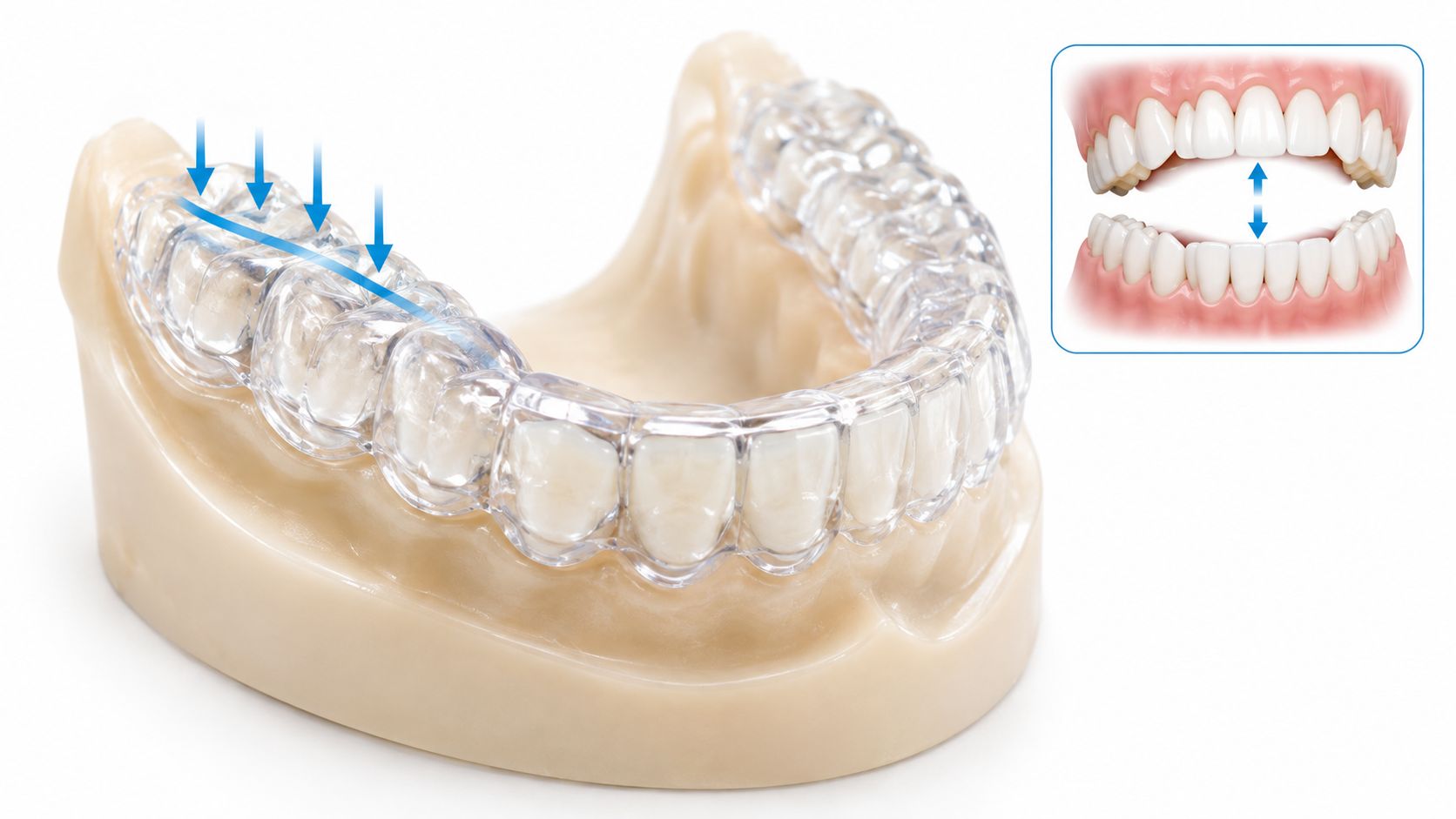 A clear dental aligner placed on a model of teeth with an inset showing mouth spacing.