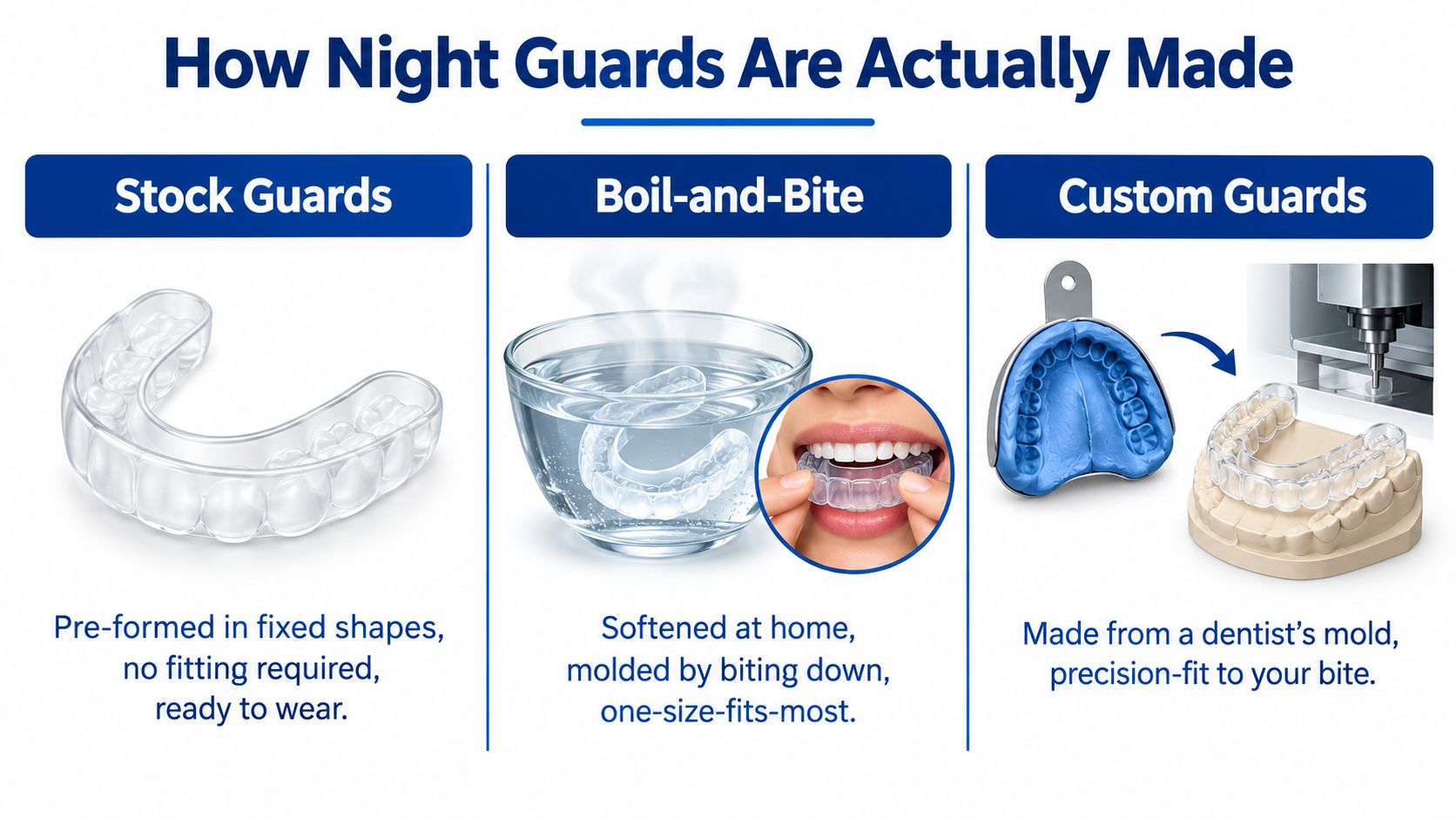 An infographic comparing three types of night guards: stock guards, boil-and-bite guards, and custom-fit professional night guards.