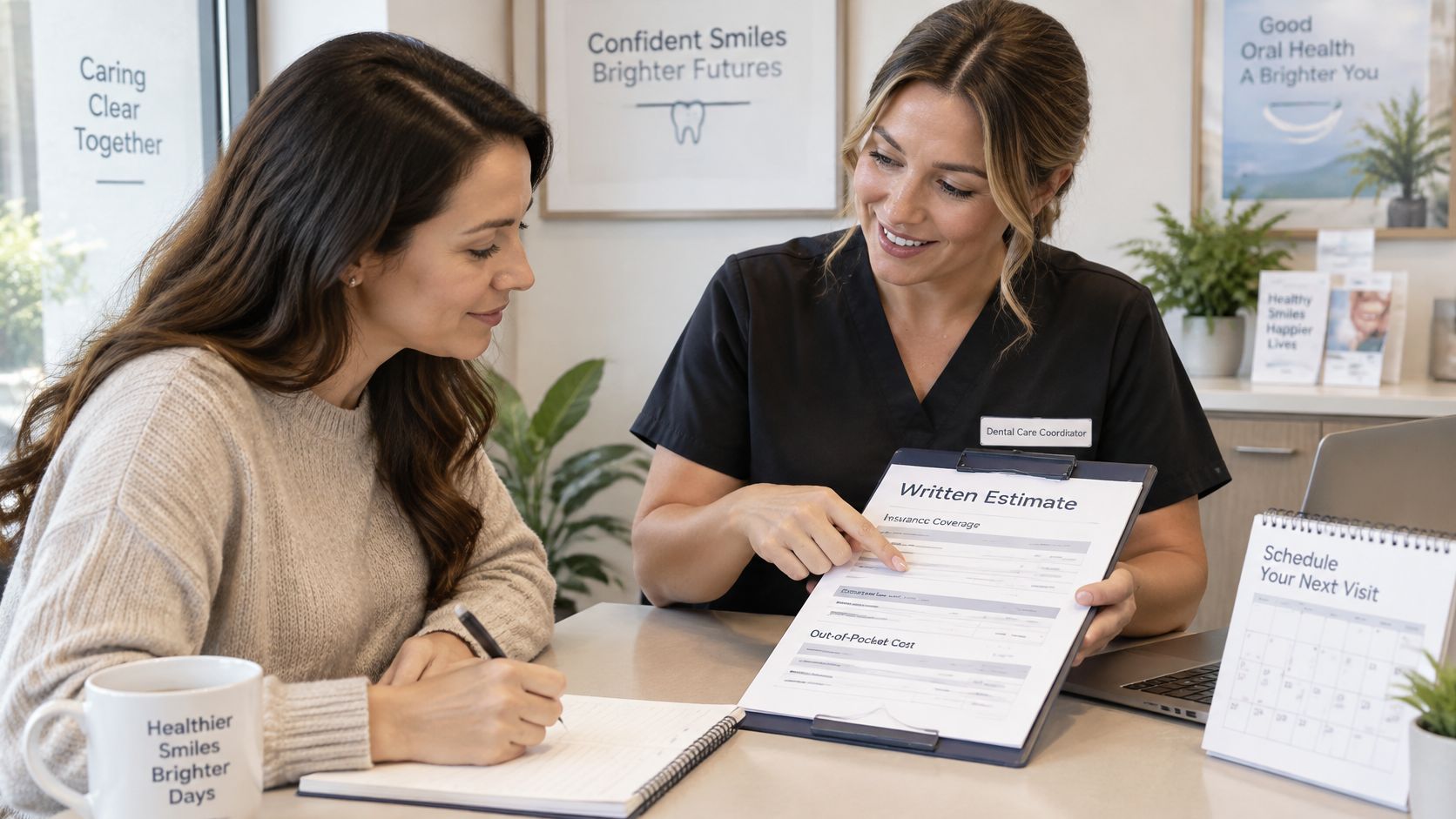 A friendly dental care coordinator explains a written insurance estimate to a patient at a dental office.