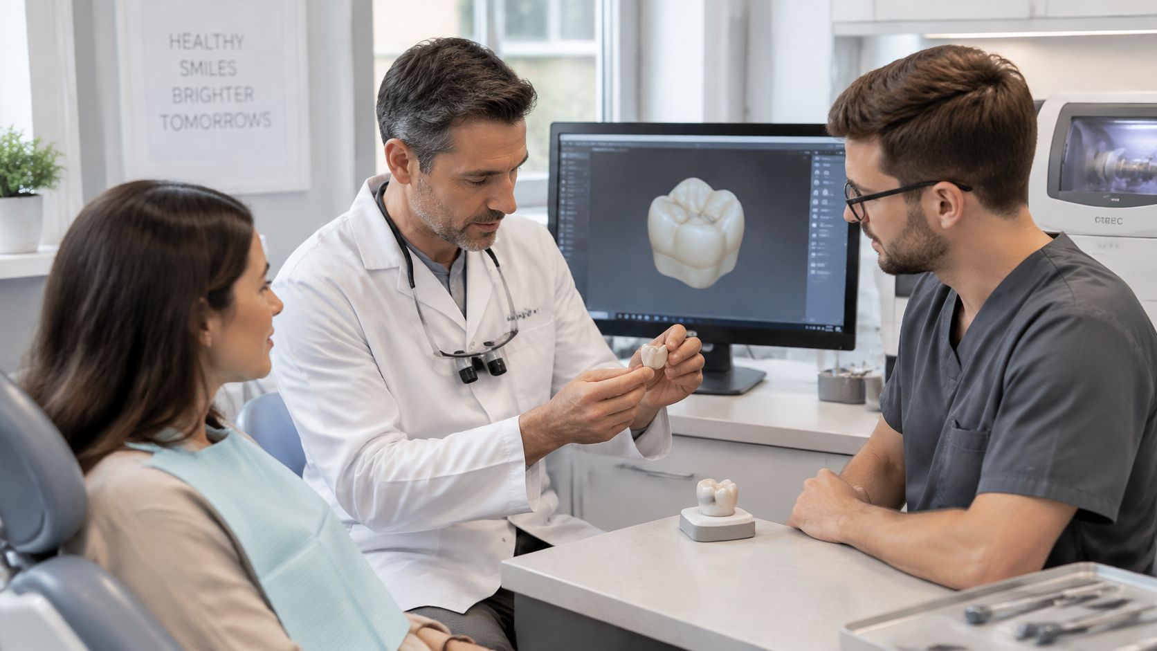 A dentist explains a tooth restoration procedure to a patient and a dental technician in a modern clinic.