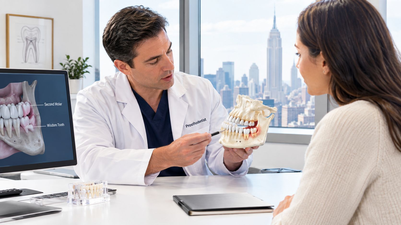 A male prosthodontist explains wisdom teeth removal to a female patient using a dental model in office.
