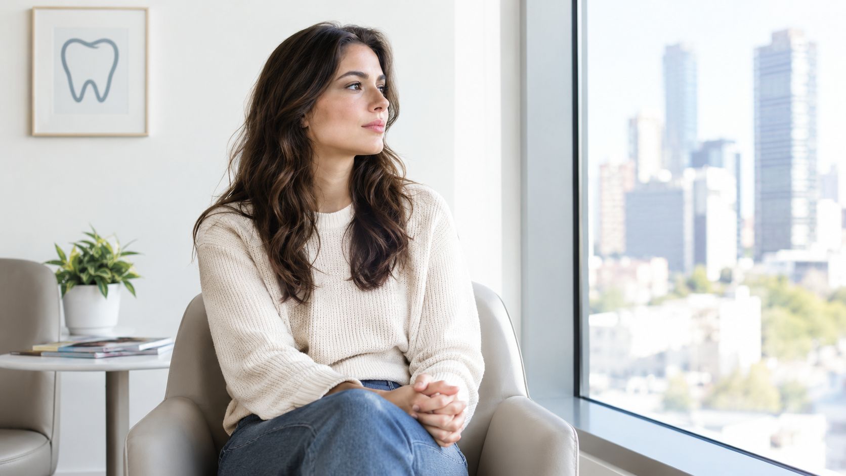 A woman sits in a comfortable chair looking out a window in a bright dental office.