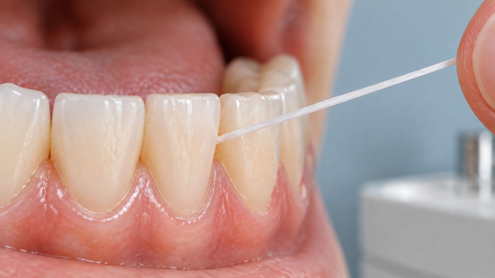 Close-up view of a person using dental floss to clean between their lower front teeth