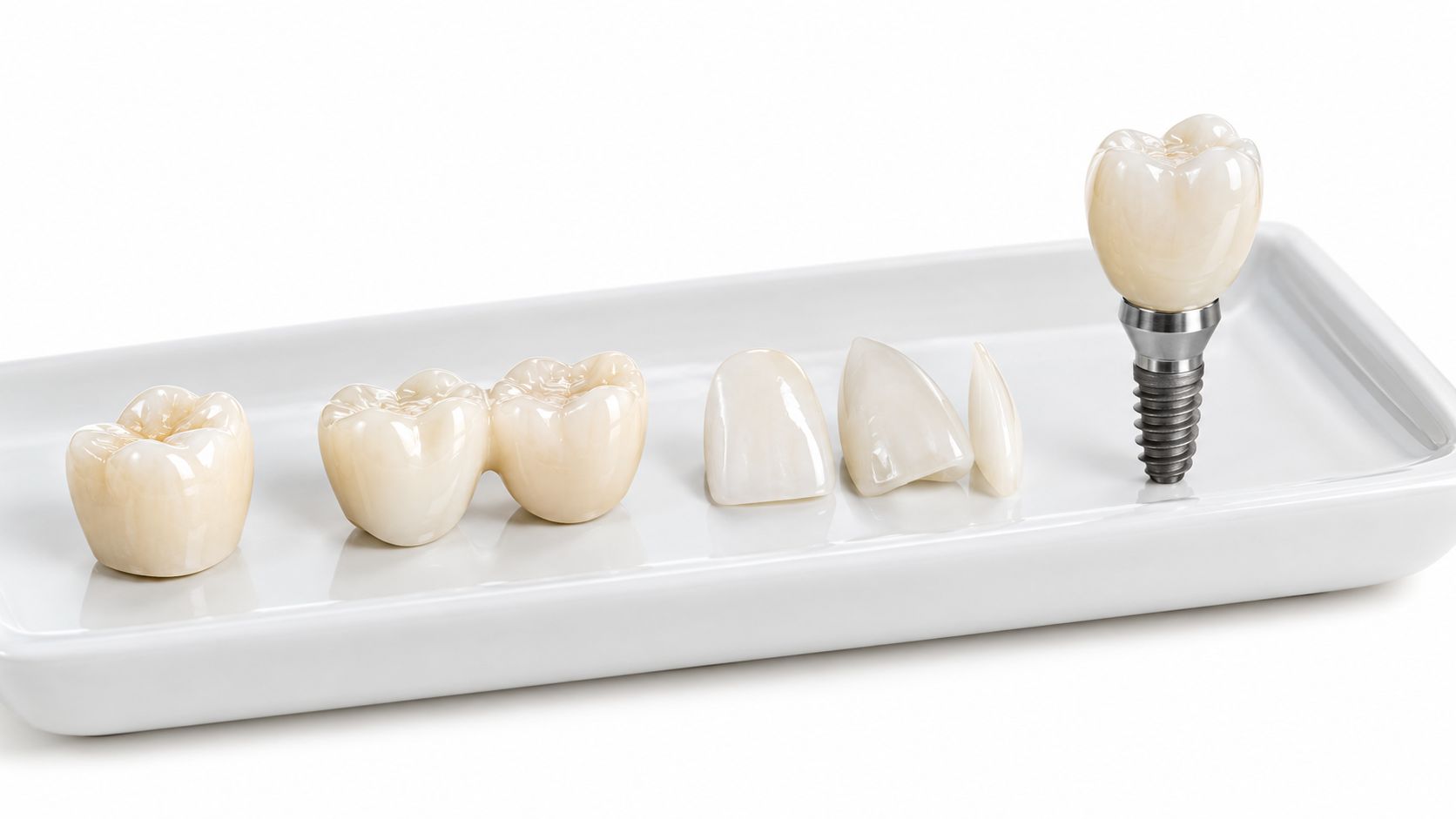 A collection of various custom-made dental crowns and a titanium dental implant on a white tray.