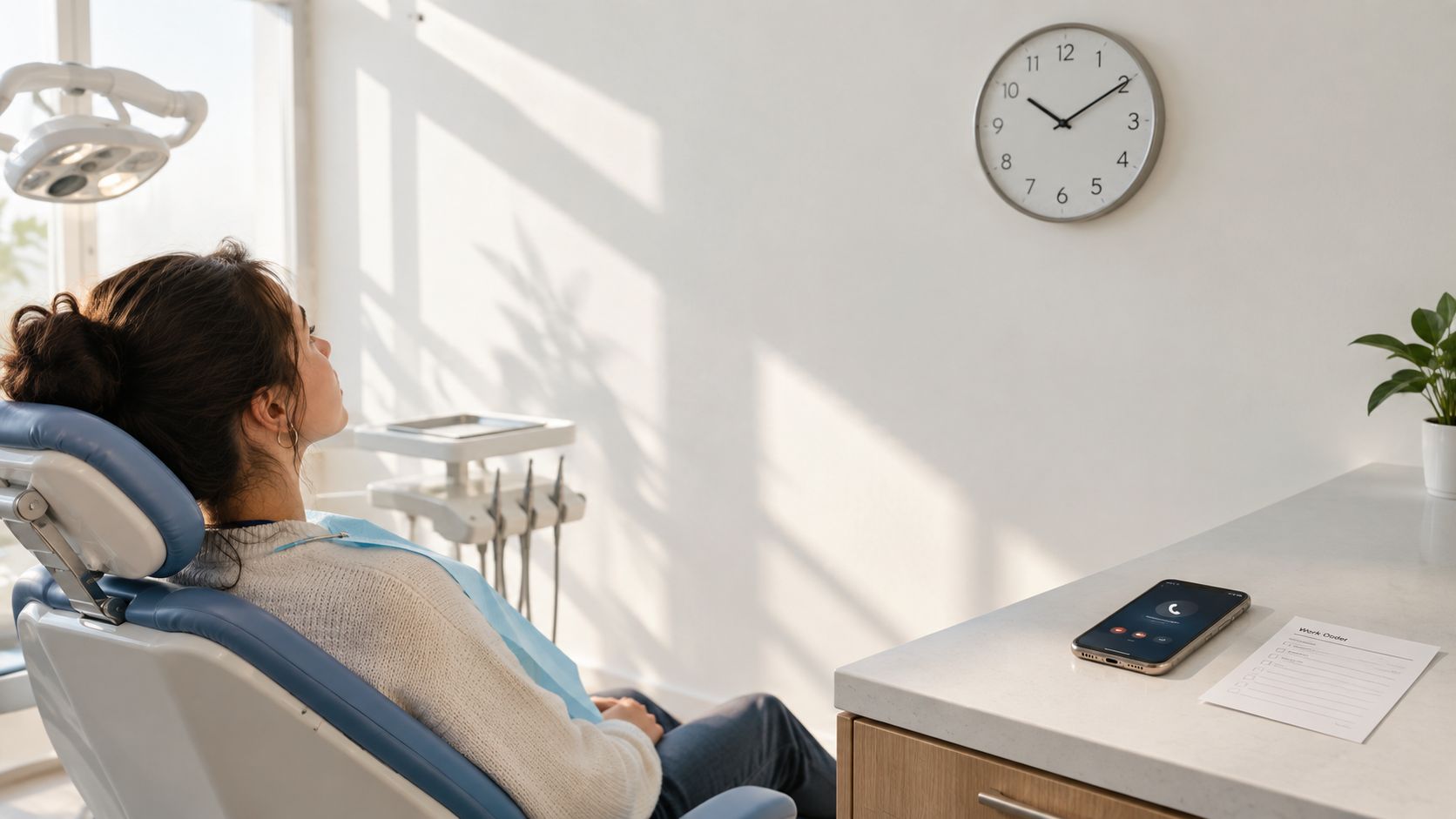 A patient sitting in a dental chair waiting while a phone rests on a nearby desk.