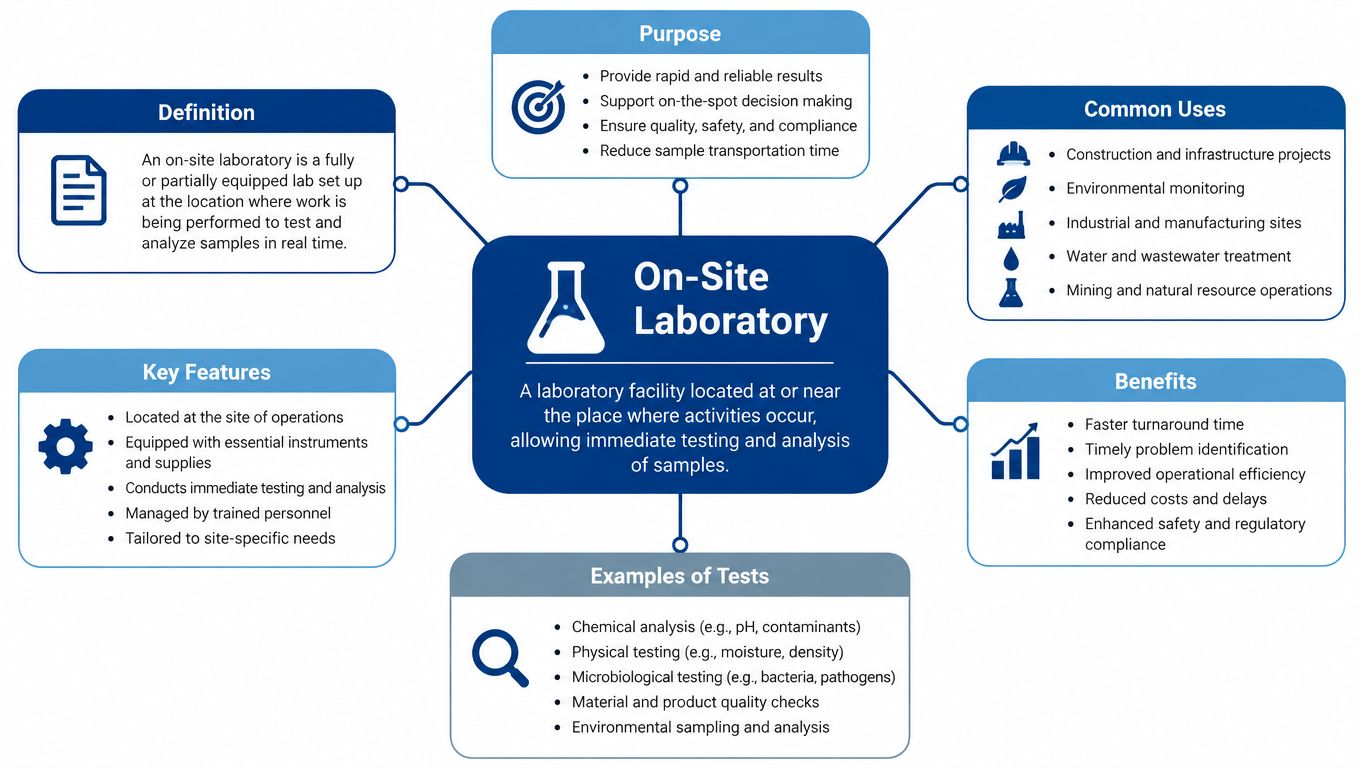 A comprehensive infographic explaining the definition, purpose, features, benefits, and common uses of an on-site laboratory.