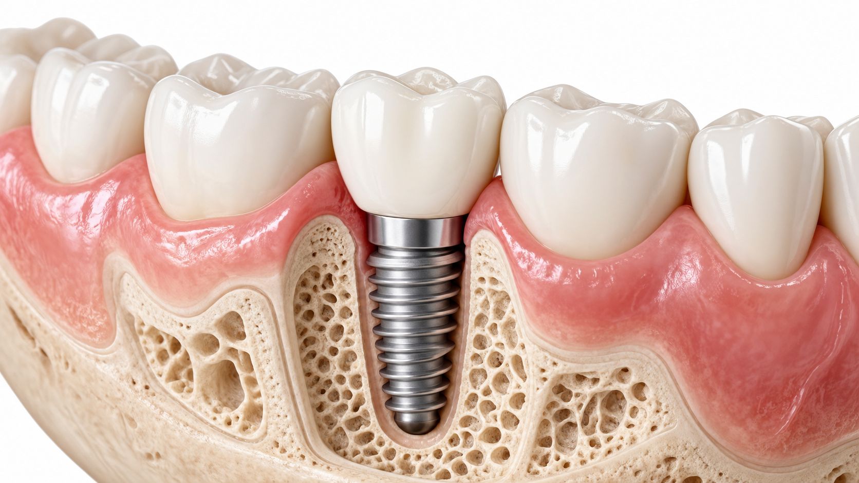 A detailed 3D dental model showing a titanium tooth implant placed within the jawbone and gum tissue.