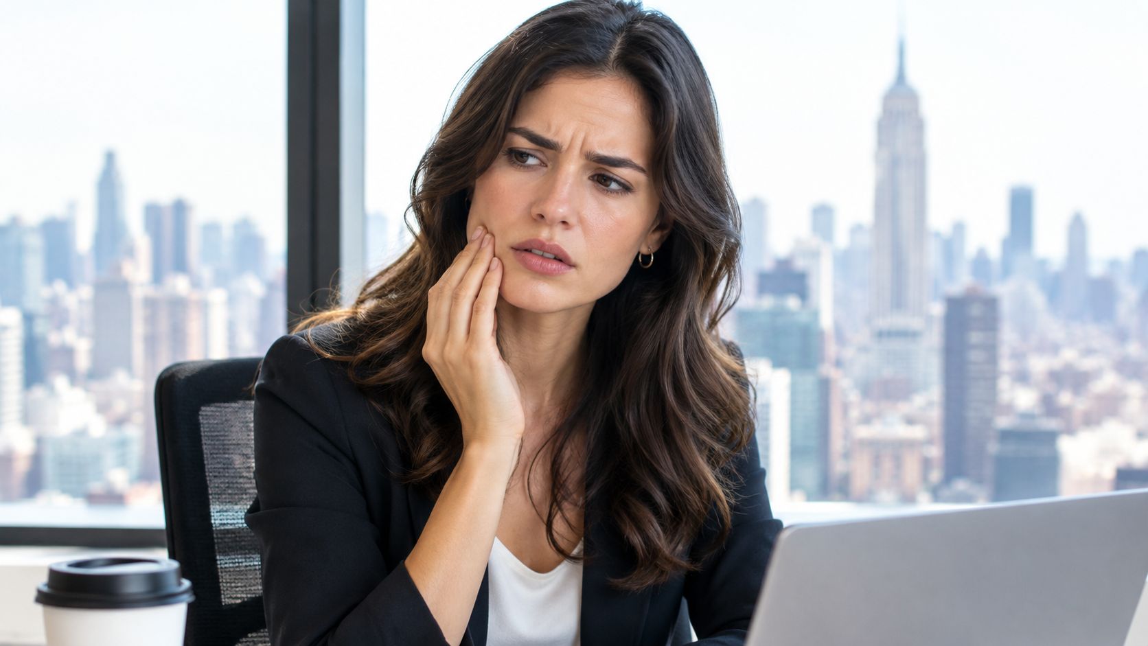A businesswoman suffering from toothache pain while sitting at her office desk in front of a laptop.