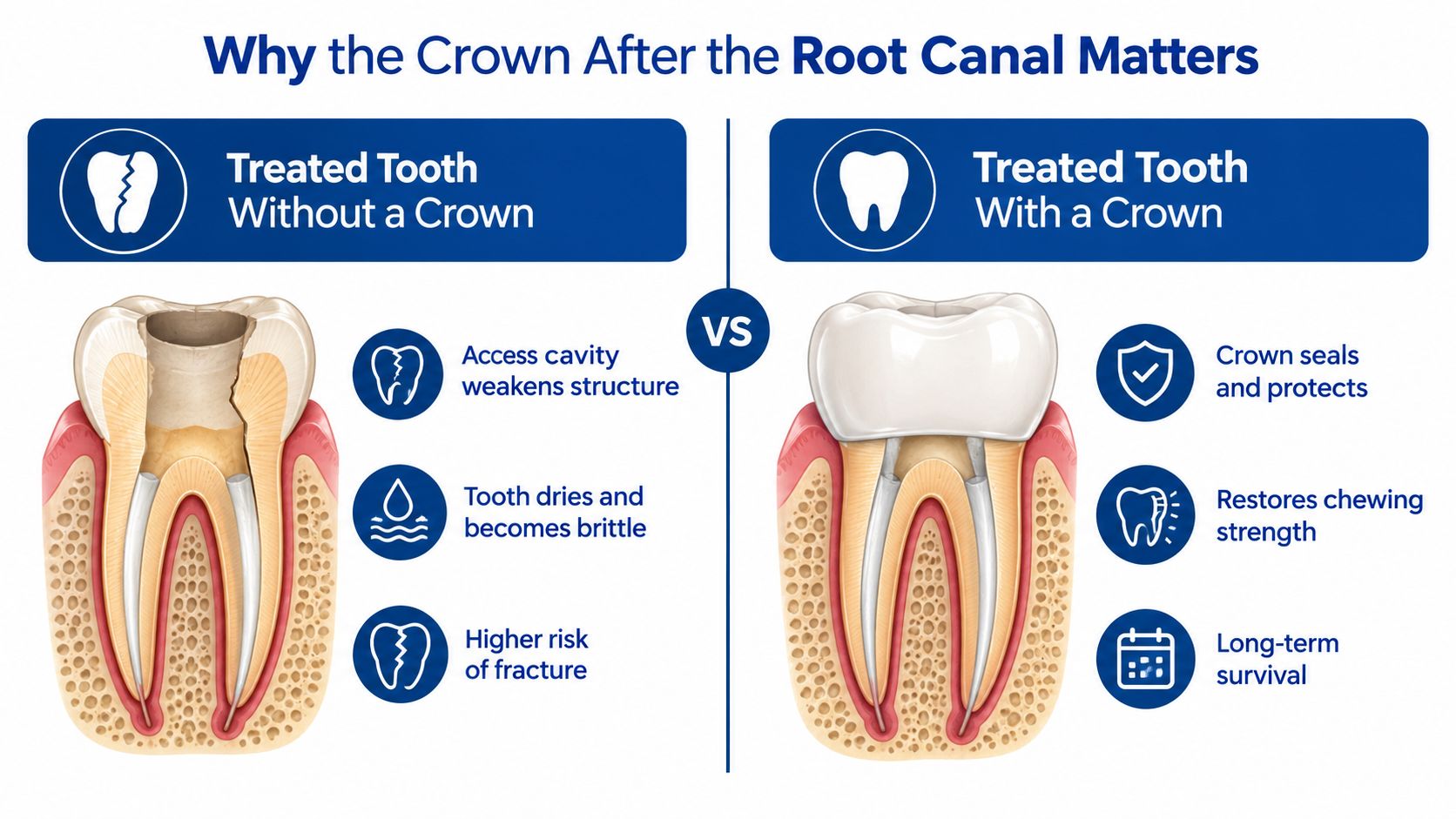 A dental infographic comparing a root canal treated tooth without a crown to one with a protective crown.