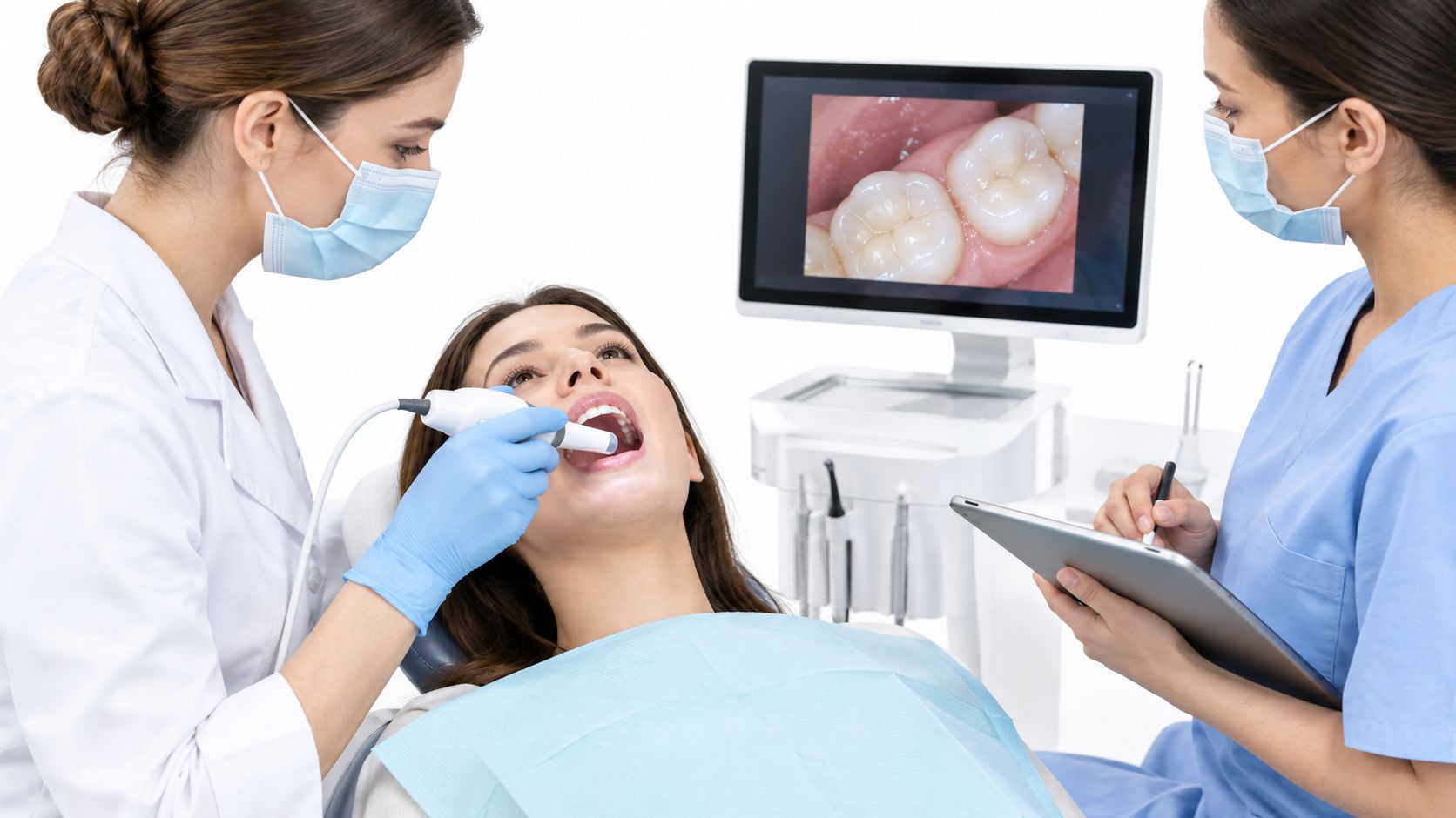 A dentist using an intraoral scanner on a patient while an assistant records data on a tablet.
