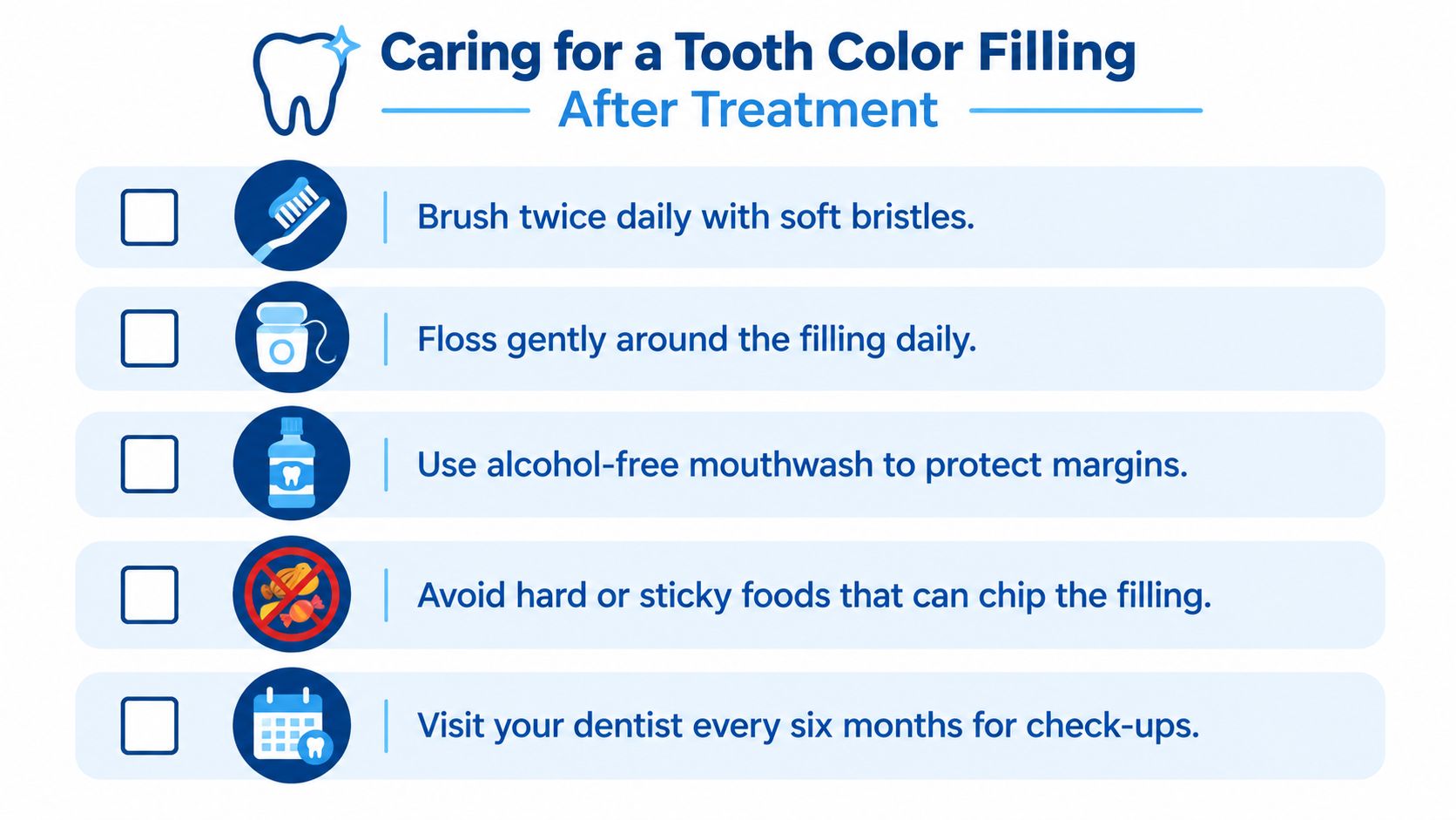 An infographic checklist for dental care instructions for maintaining tooth color fillings after a dental procedure.