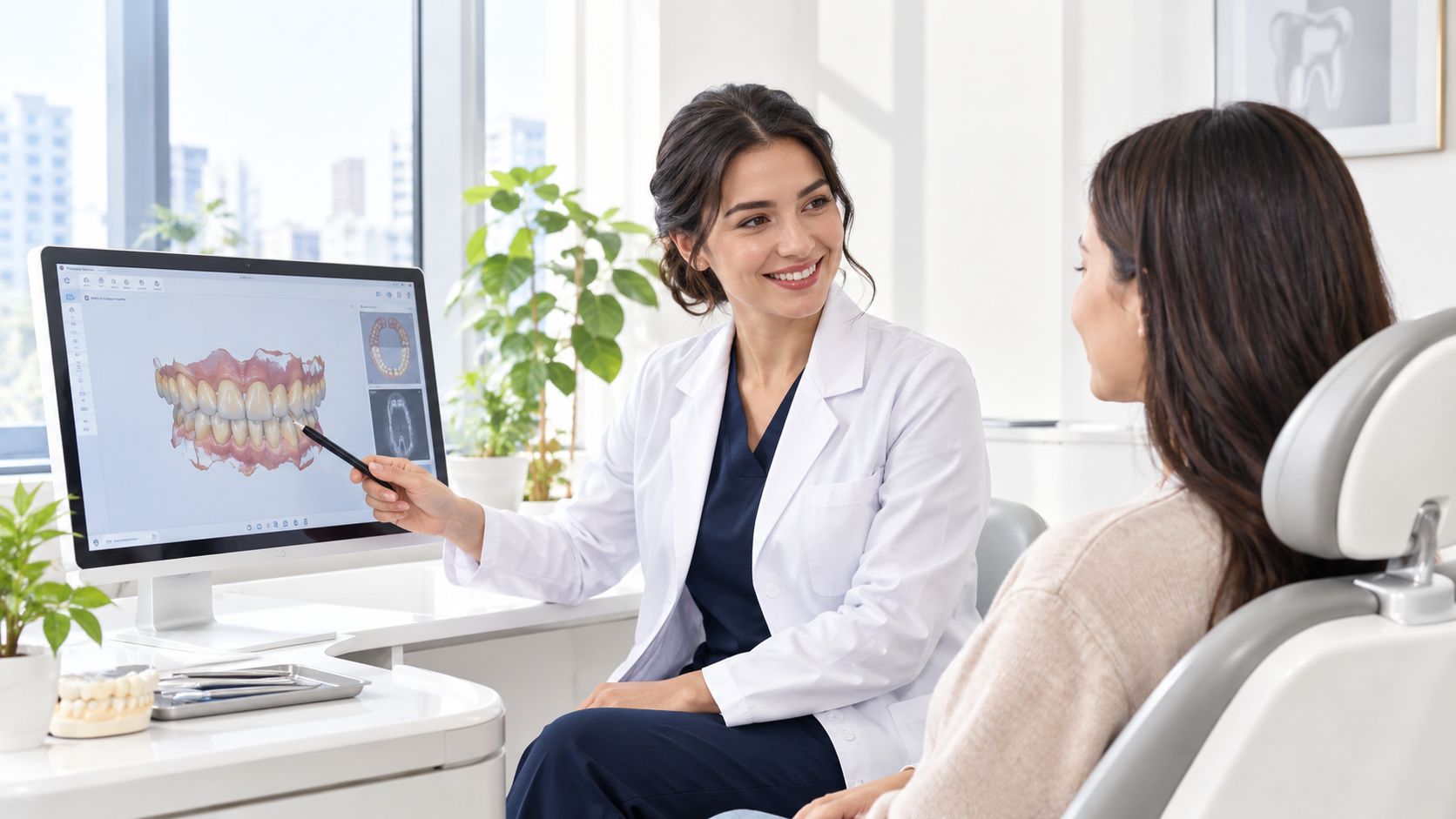 A friendly female dentist explaining a digital 3D dental scan to a patient in a modern office.
