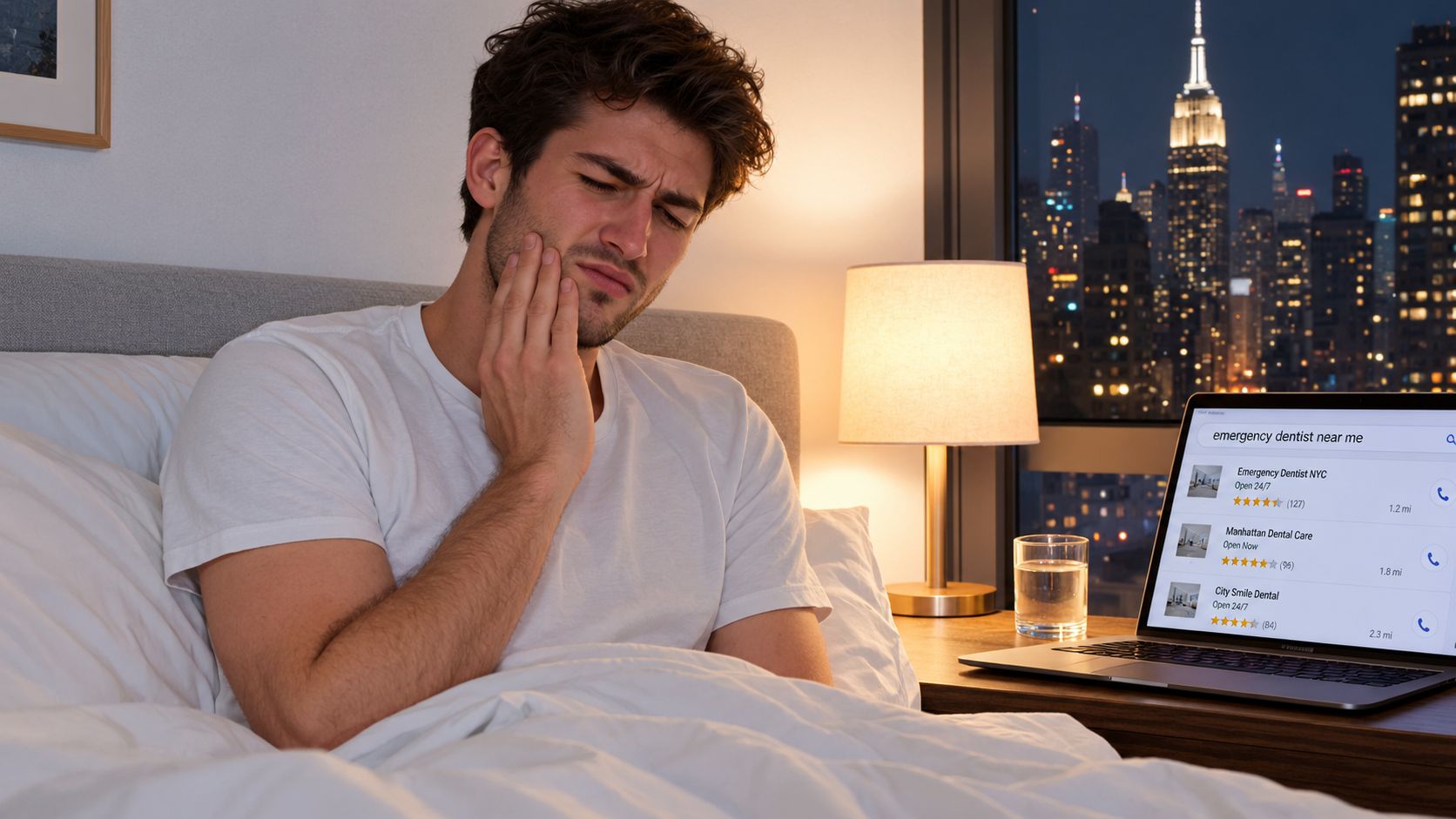 A man in bed late at night experiencing tooth pain while searching for an emergency dentist online.